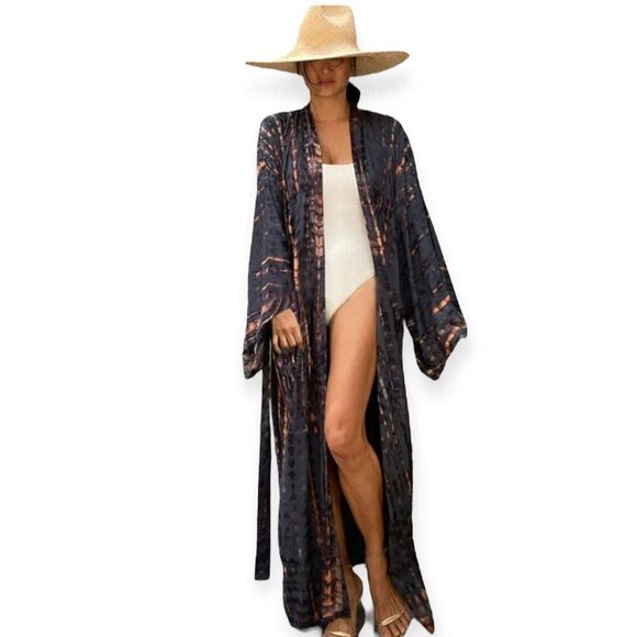 Colorful Gray Dusty Peach Tie Dye Long Kimono Cover Up NEW - Picture 3 of 3